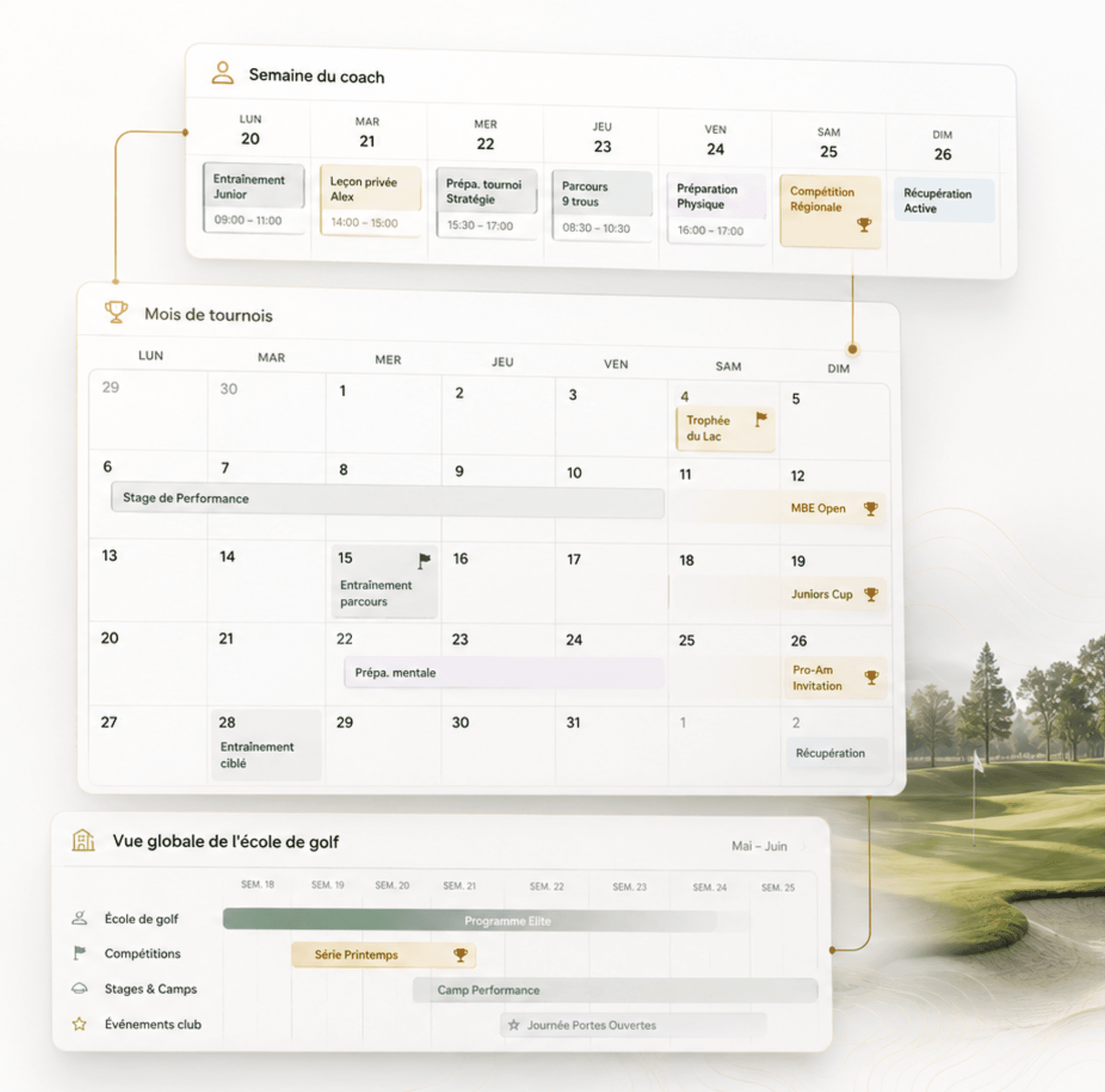 Calendrier présentant la semaine du coach, le mois de tournois et la vue globale de l'école de golf