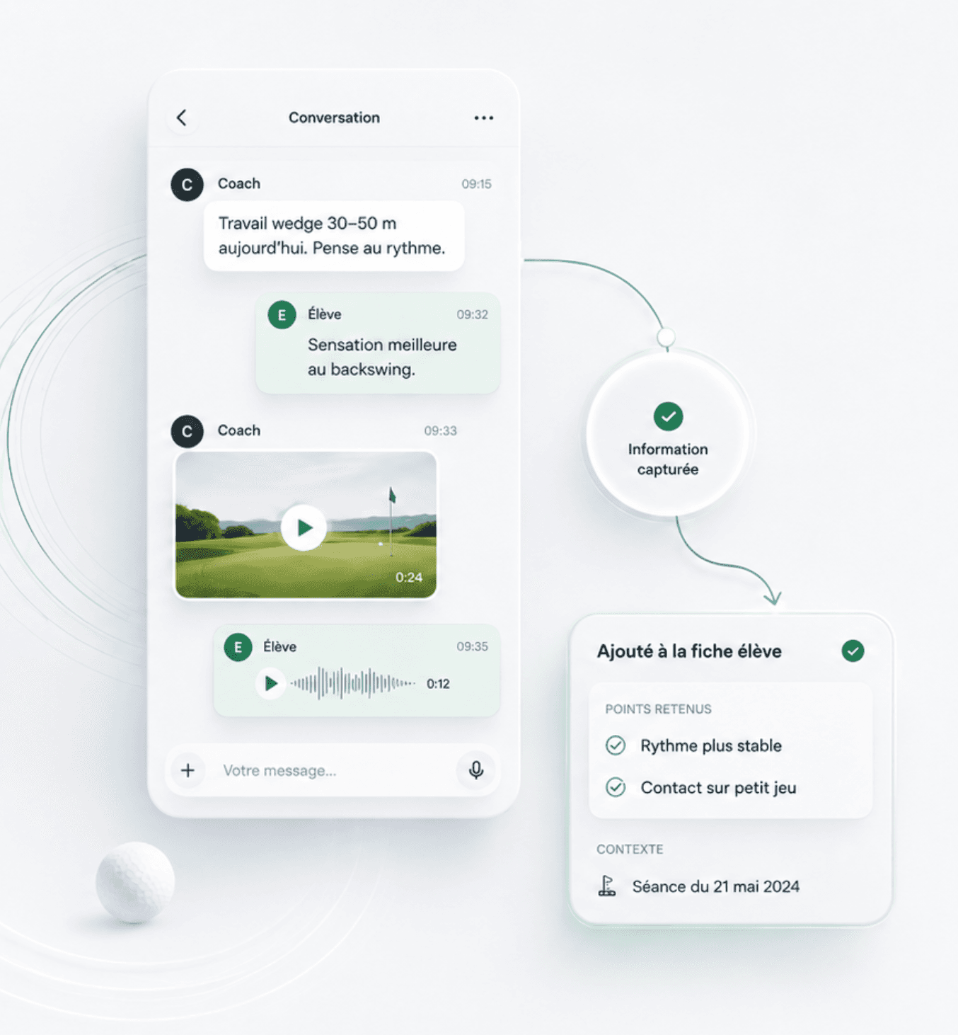 Conversation coach-élève transformant les messages, vidéos et notes vocales en informations de suivi