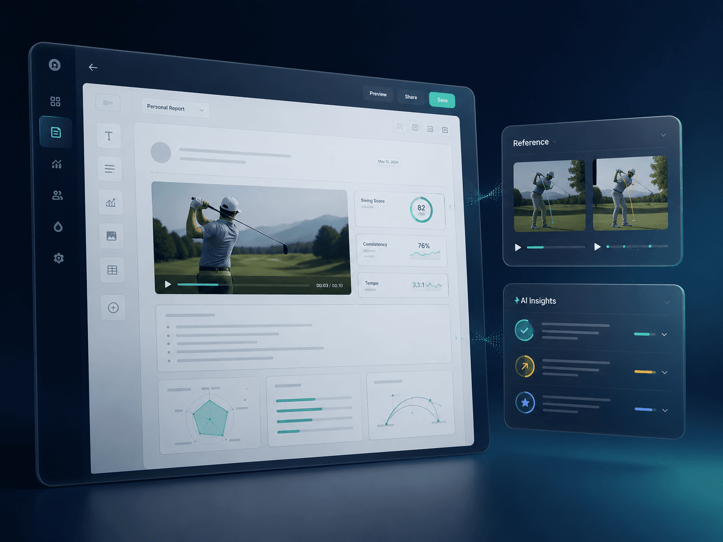 Éditeur de rapport de golf avec vidéo, statistiques et références visuelles du swing