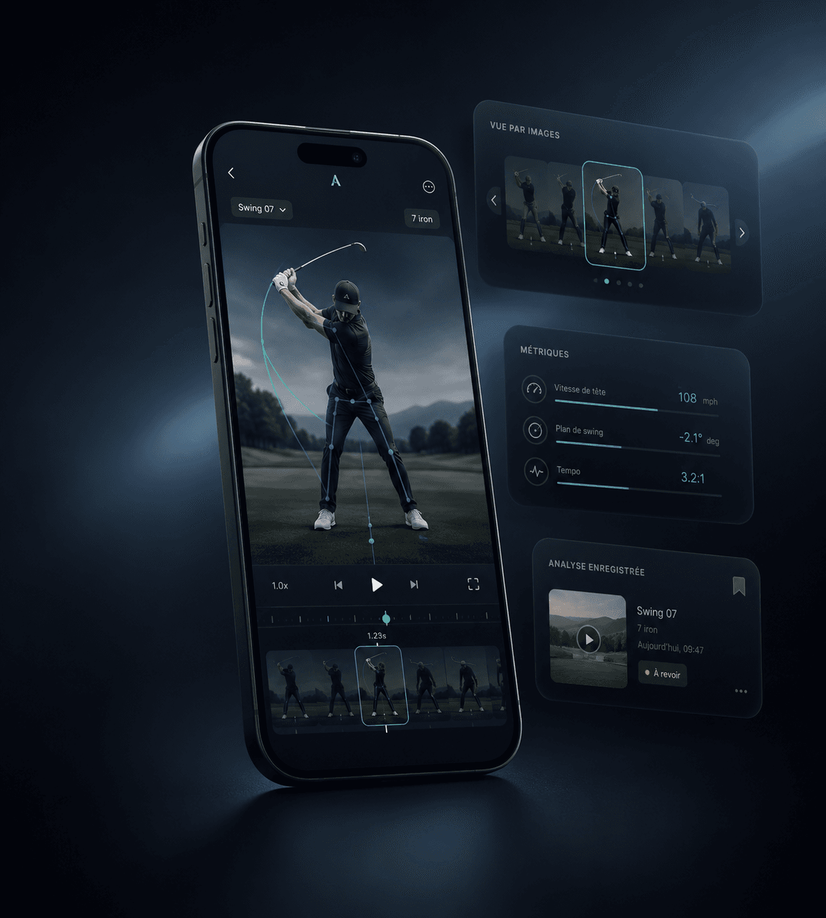 Interface d'analyse vidéo de golf sur un téléphone, avec vue par images et métriques du swing