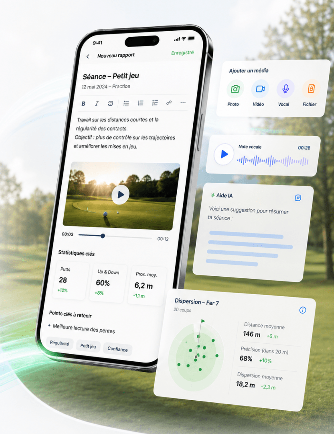 Éditeur de compte rendu élève avec médias, note vocale, aide IA et statistiques de golf