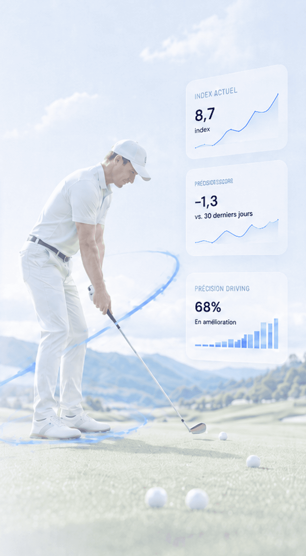 Golfeurs sur un practice avec des données SwingFlow